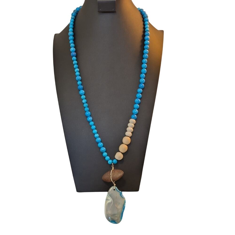 Blue Stone Agate Wood Pendant Boho Long 32"-34" Necklace